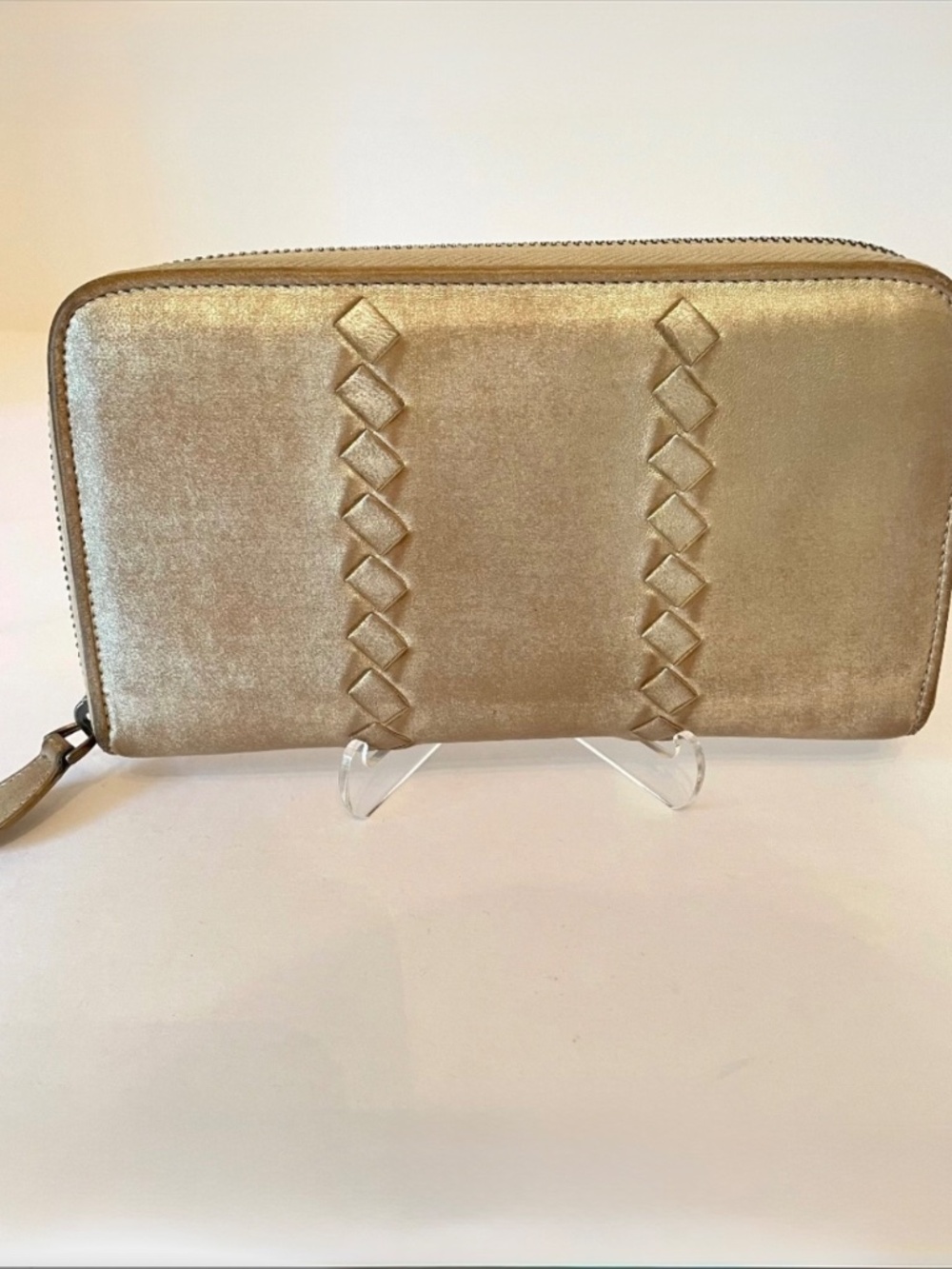 Bottega Veneta Intrecciato Metallic Gold Zip Around Long Wallet Lambskin